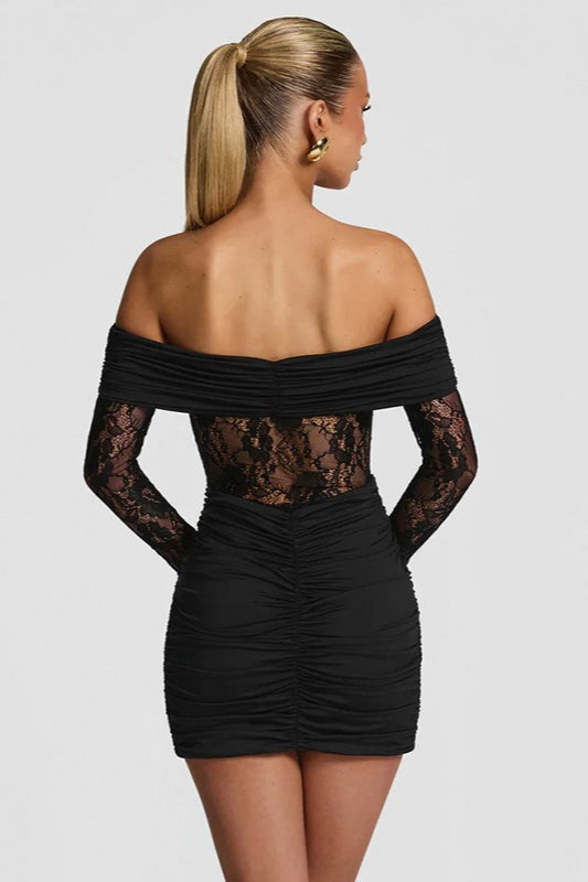 Open Shoulder Lace Trim Bodycon Mini Lace Dress