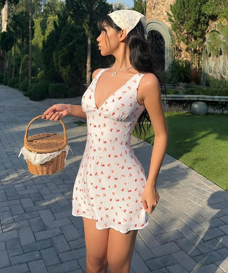 Deep V Cherry Print Floral Dress Main image