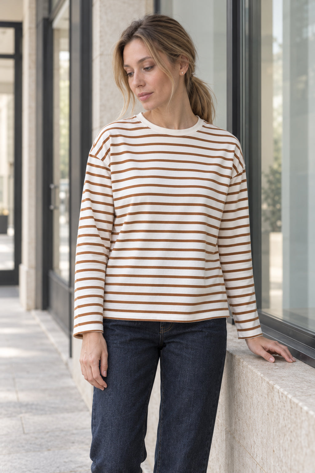 Cotton Striped Crew Neck Long Sleeve Tee