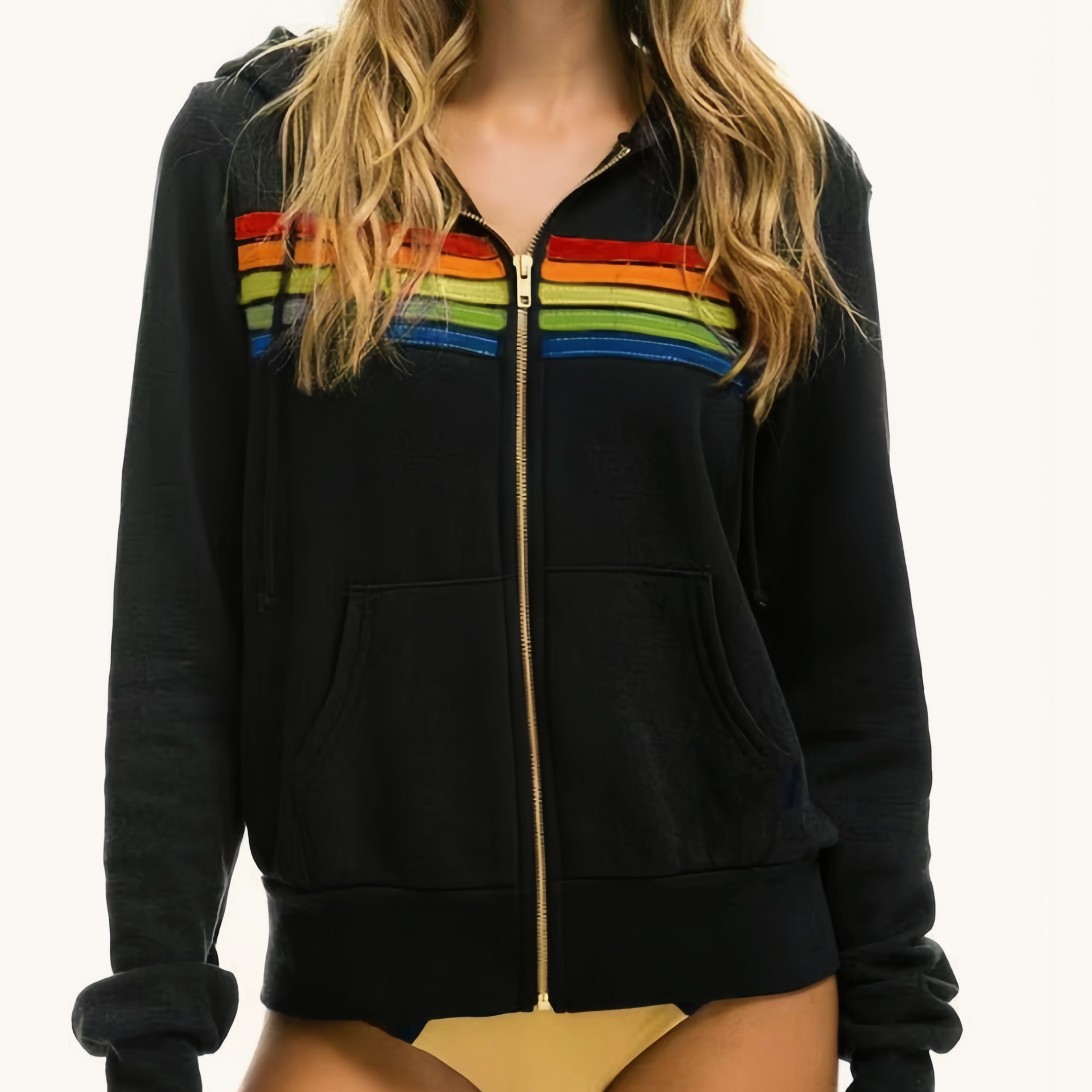 Fleece Lined Colorful Striped Zip Loose Unisex Hoodie Main image