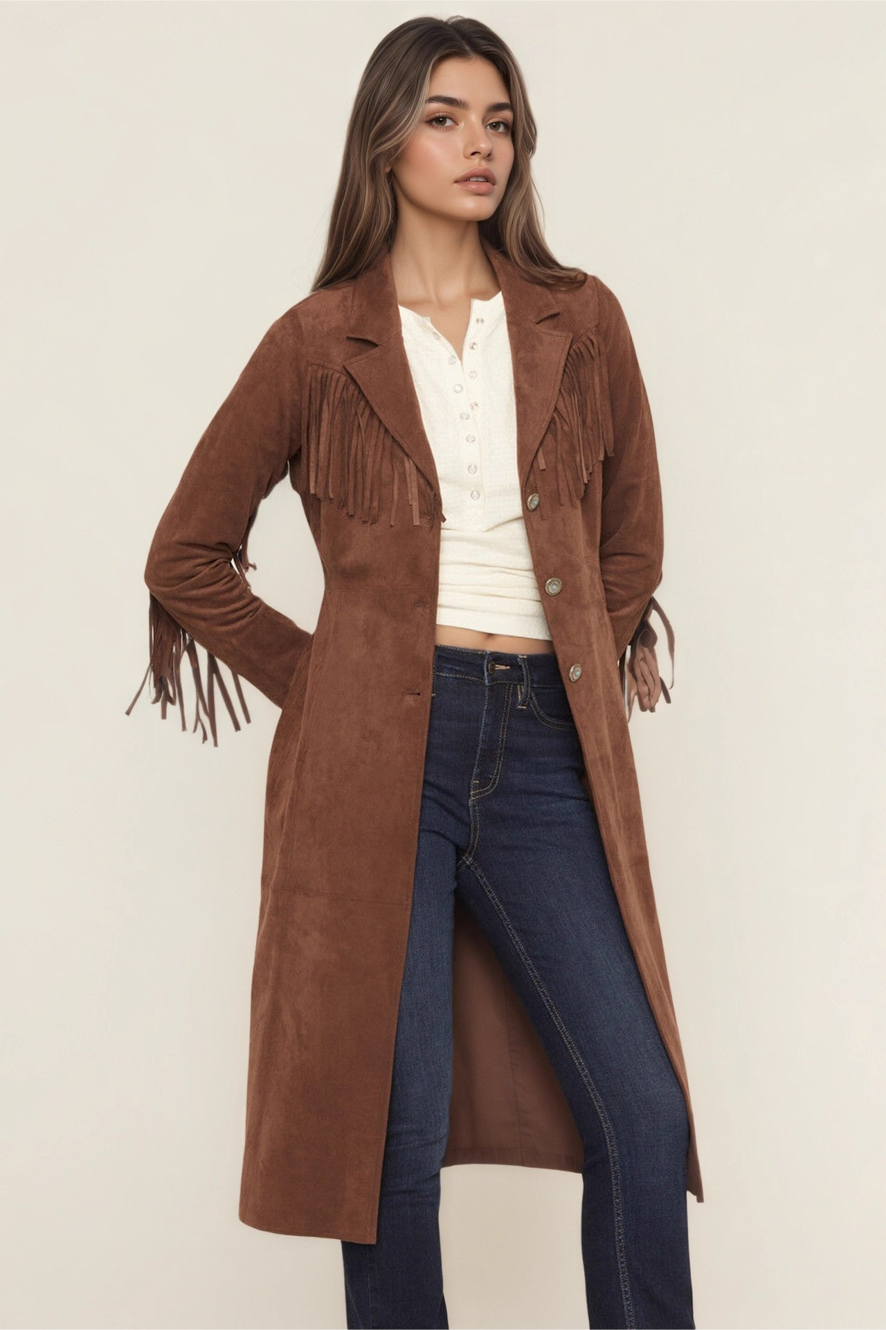 Faux Fur Notch Lapel Long Fringe Long Sleeve Overcoat Main image
