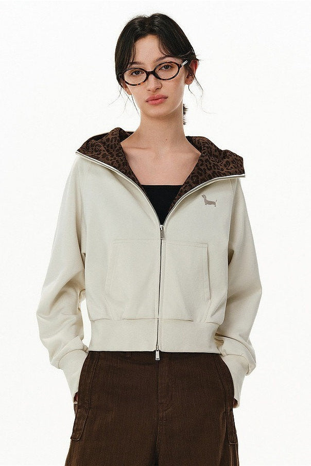 Pink Leopard Lined Cropped Zip Hoodie