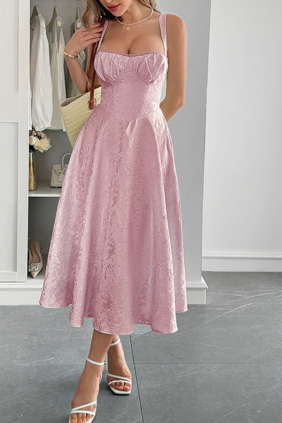 Elegant Spaghetti Strap Jacquard Maxi Formal Dress Main image