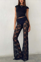 Sheer High Waist Floral Lace Flared Pants