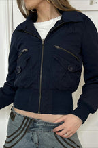 Utility Pocket Ribbed Hem Cropped Zip Jacket
