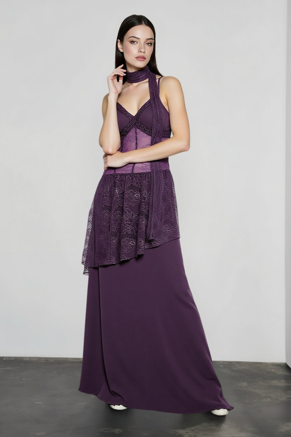 Lace Trim Sheer Waist Tie Cami Maxi Lace Dress
