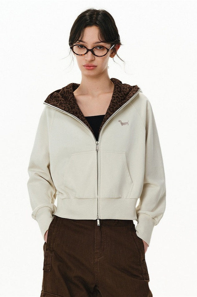 Pink Leopard Lined Cropped Zip Hoodie