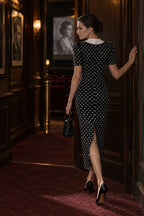 Retro Lapel Slim Polka Dot Maxi Dress