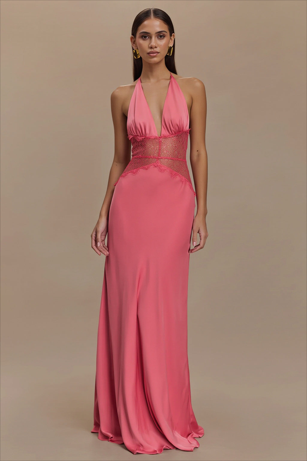 Lace Waist Plunge Halter Satin Maxi Dress