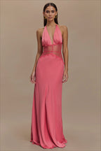 Lace Waist Plunge Halter Satin Maxi Dress