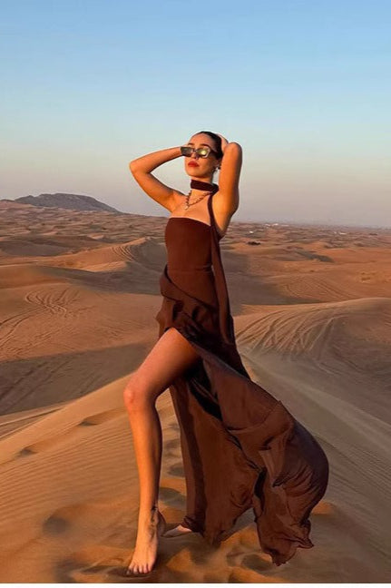 Strapless Asymmetrical Mesh Split Scarf Formal Dress Main image