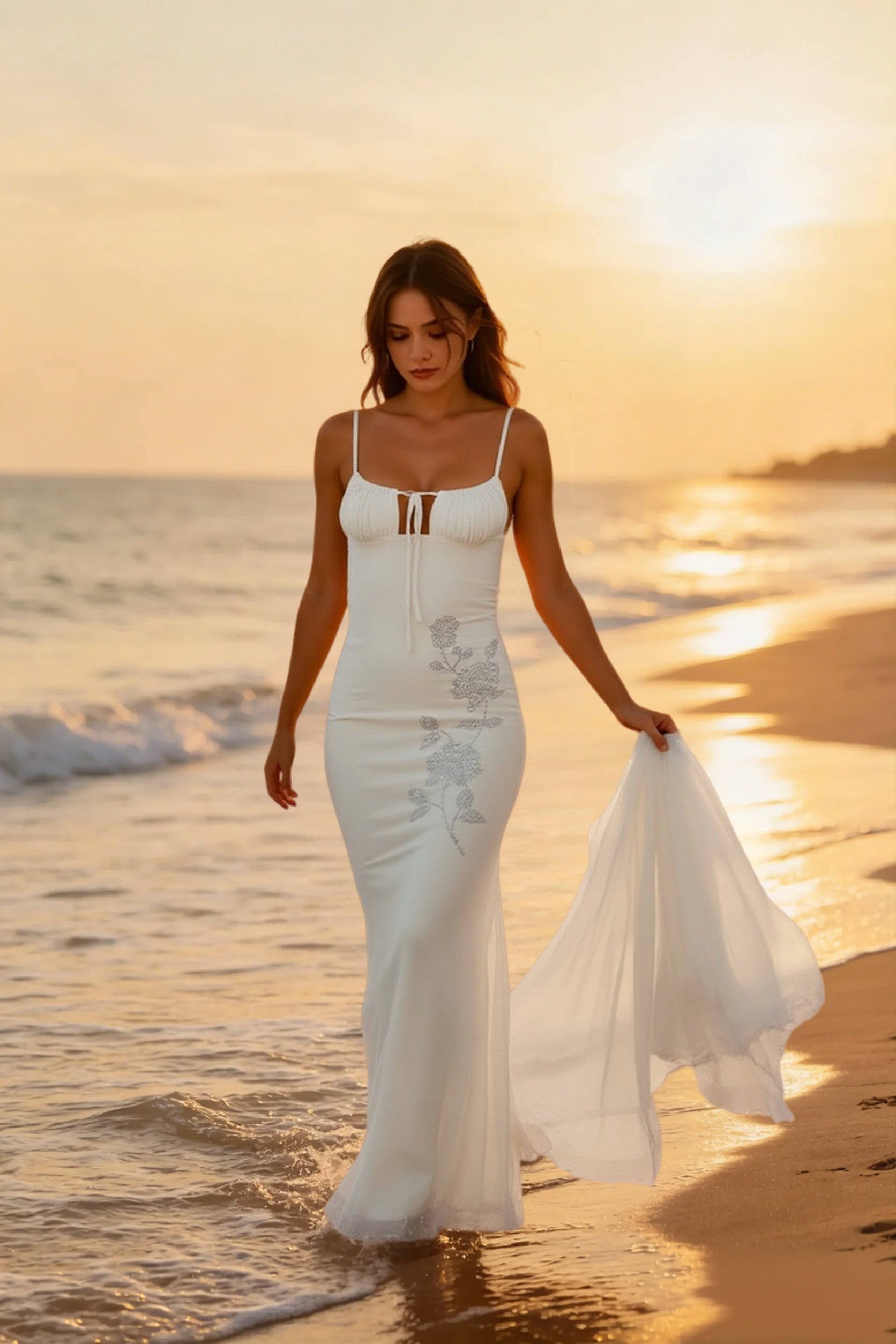 Strapless Tie Front Rhinestone Rose Mesh Maxi Party Dress Main image