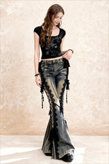 American Retro Lace Strap Slit Bell-bottom Jeans