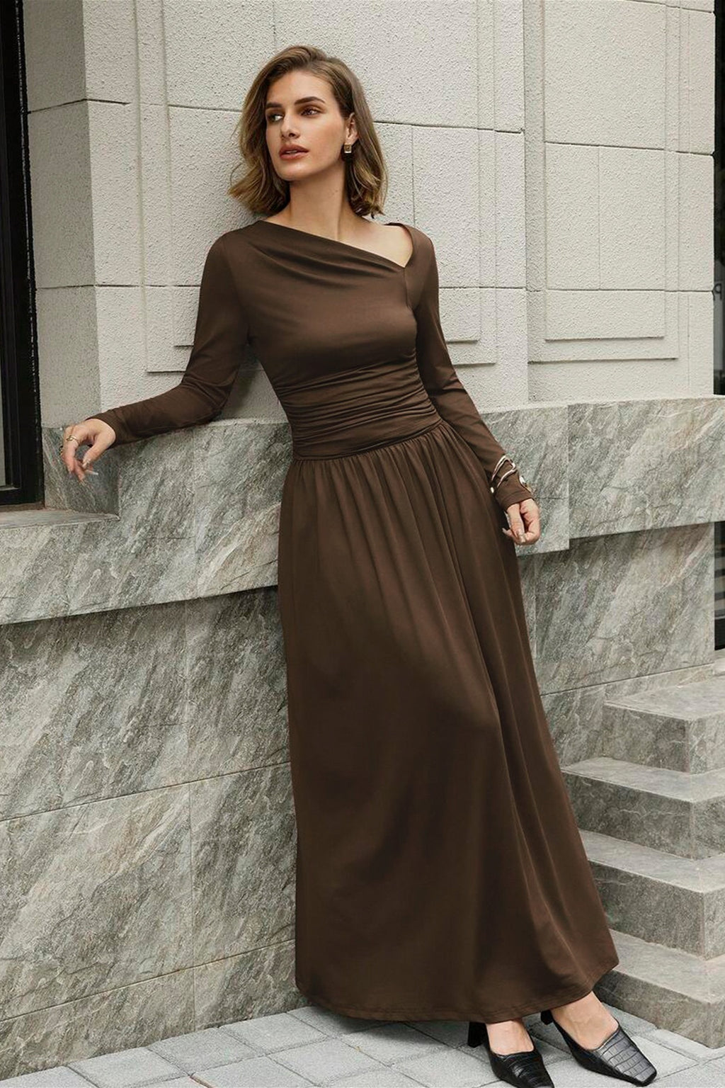 Asymmetric Neck Ruched Waist Flowing Maxi Dress