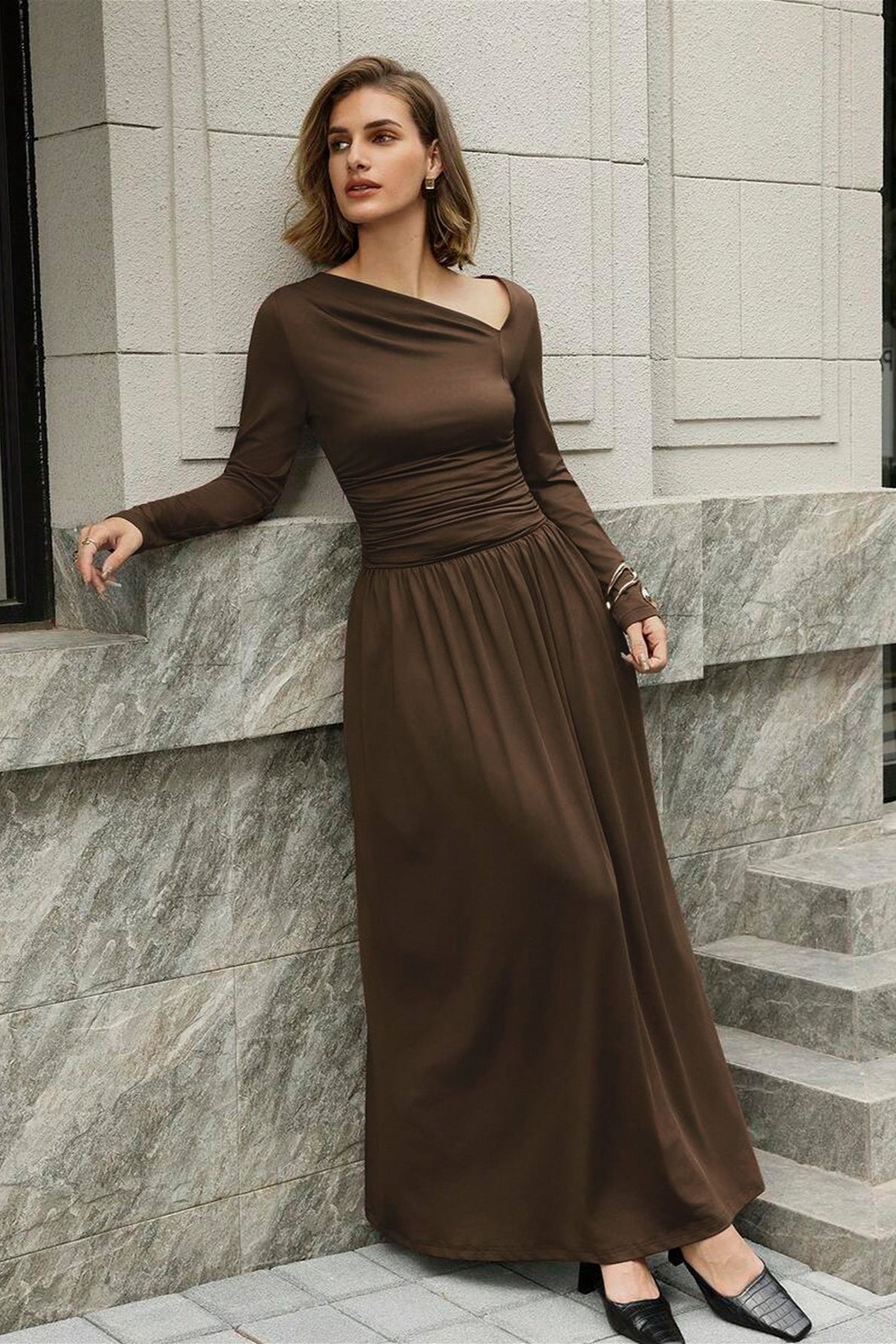 Asymmetric Neck Ruched Waist Flowing Maxi Dress