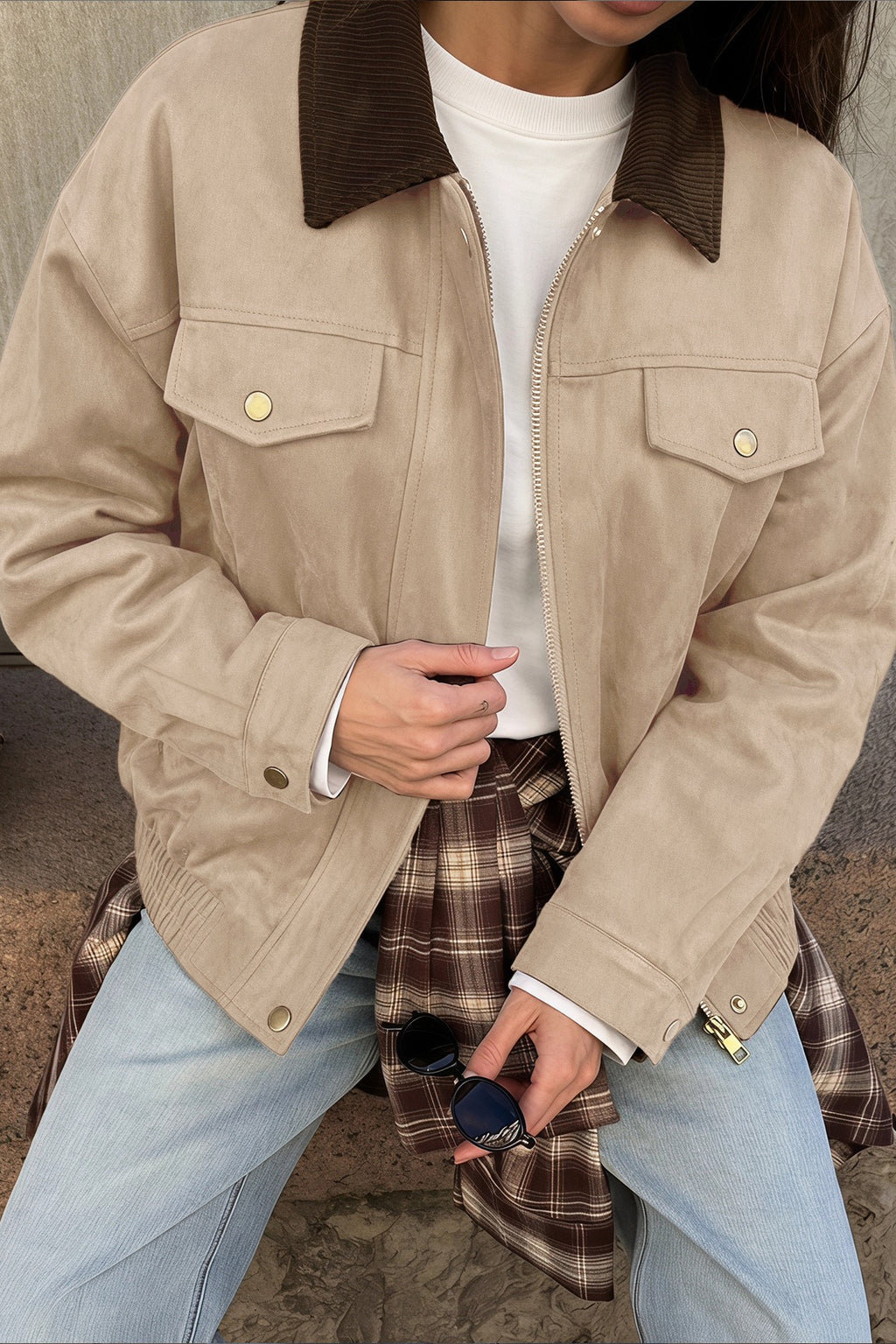 Contrast Collar Chest Pocket Zip Front Coat