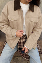 Contrast Collar Chest Pocket Zip Front Coat