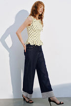 Polka Dot Tie Ruffle Waist Cinched Crop Top