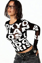 Oversized Letter Print Mesh Long Sleeve T-Shirt
