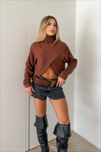 Cross Front Hem Cropped Turtleneck Knit Sweater