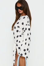 Long Sleeve Polka Dot Side Tie Bodycon Mini Dress
