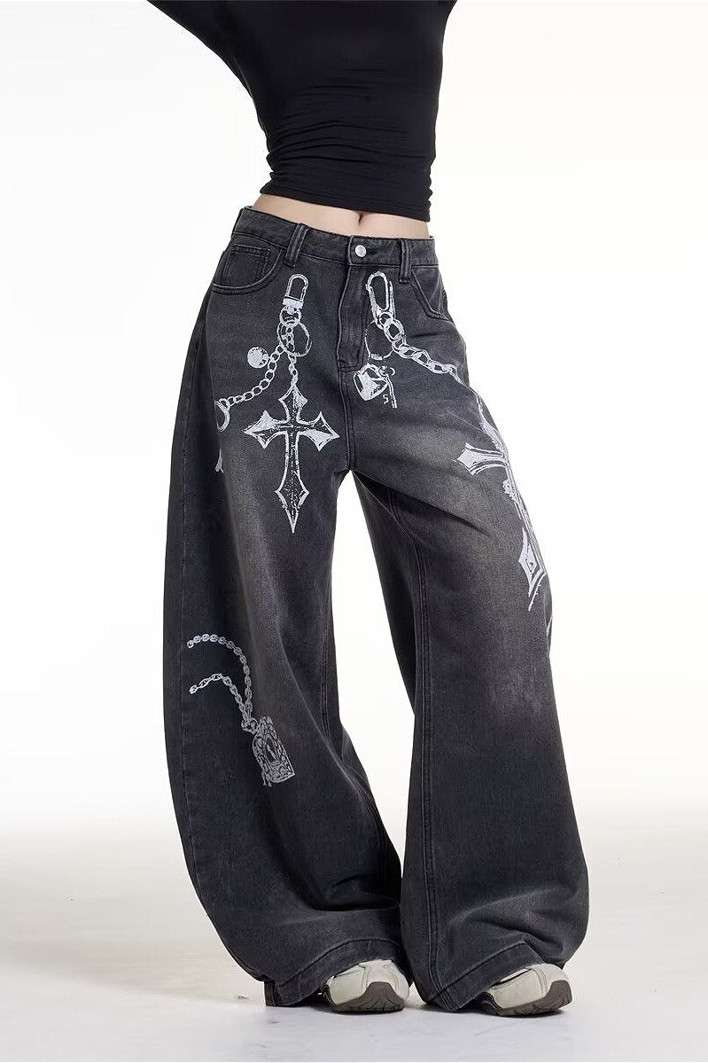 Gothic Chain Graphic Oversized Y2K Jeans
