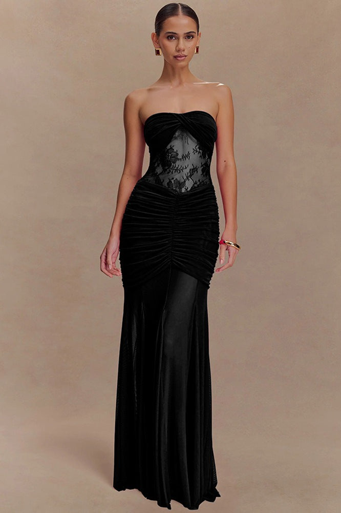 Lace Strapless Ruching Hollow Slim Long Lace Dress