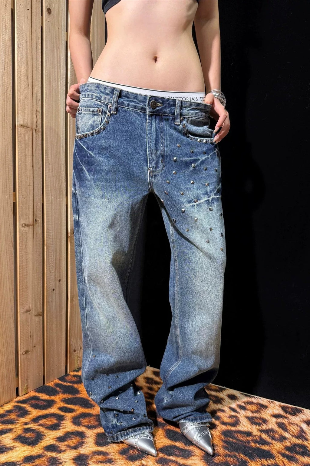 Lightning Stud Washed Wide Leg Jeans