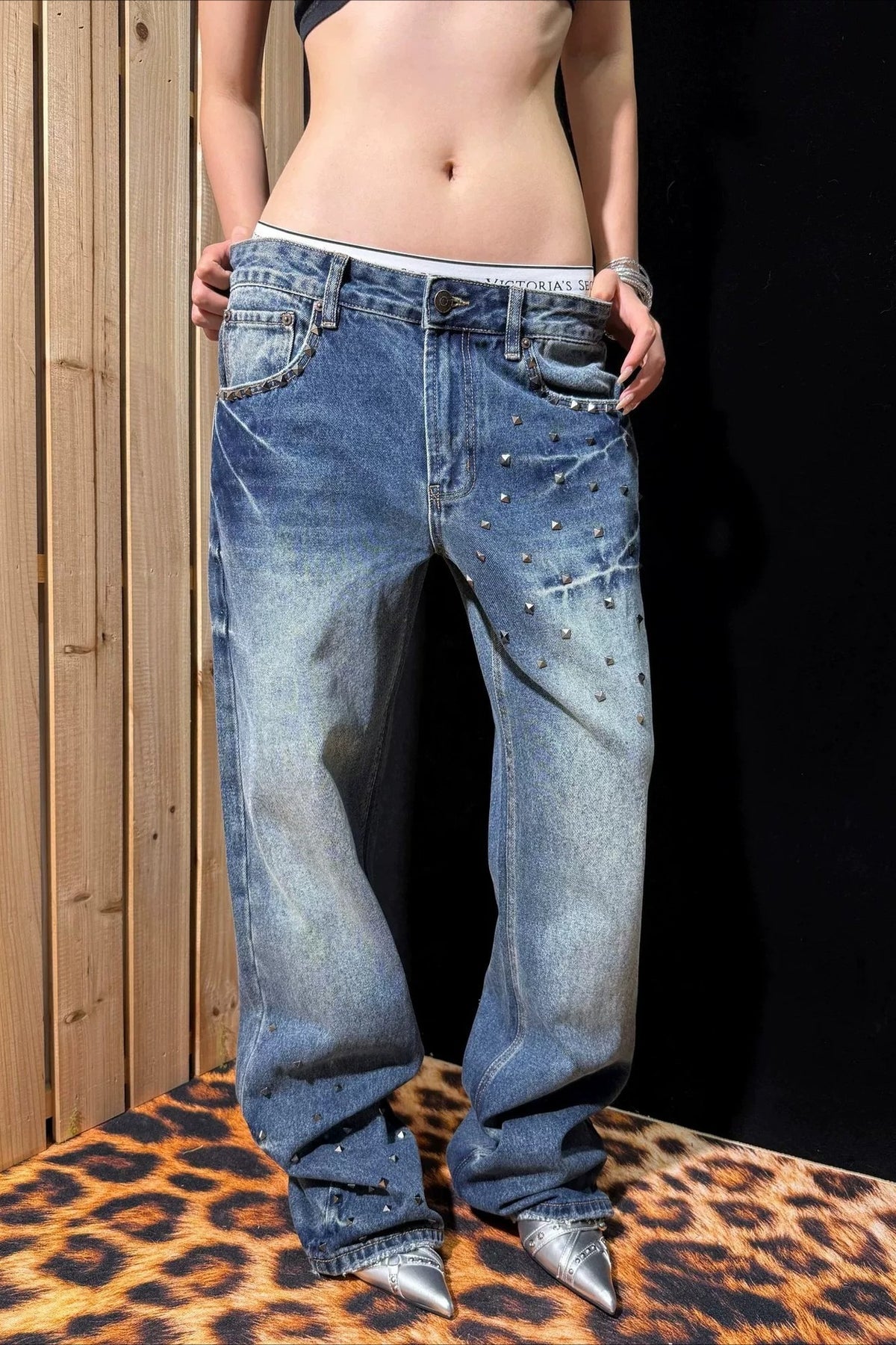 Lightning Stud Washed Wide Leg Jeans