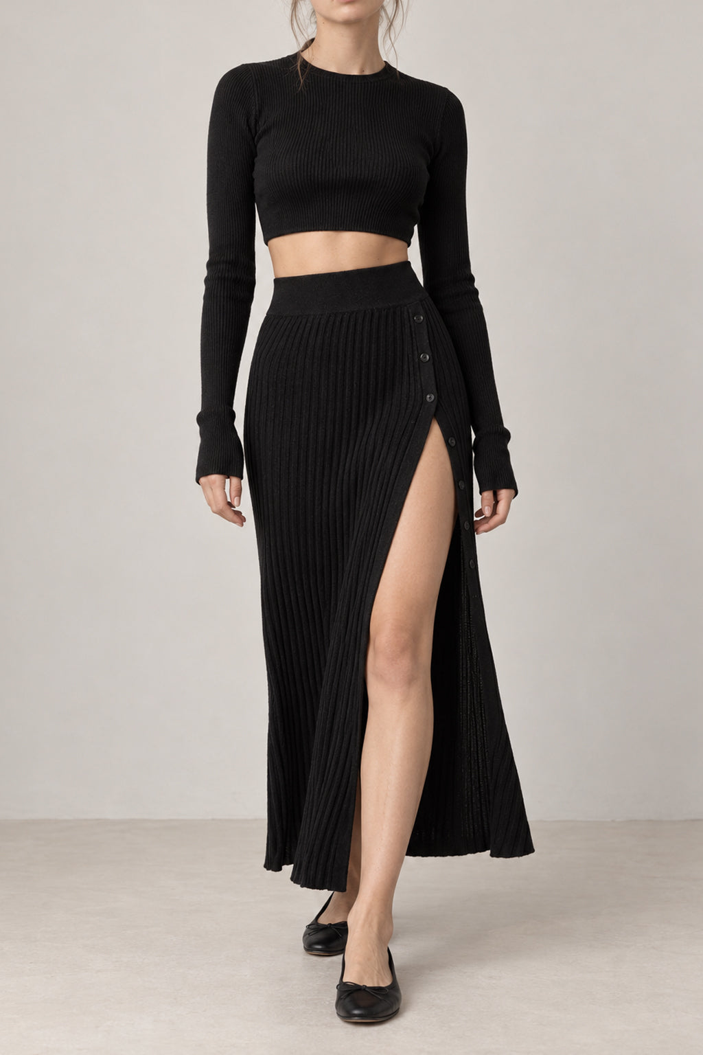 Knitted Crop Top & Buttoned Slit Midi Skirt Two Piece Set