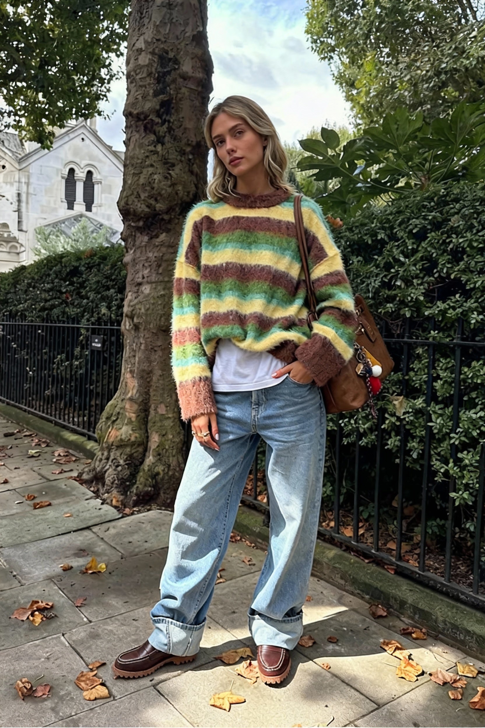 Slouchy Colorful Striped Crewneck Loose Knit Sweater Main image