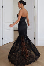 Strapless Lace Panel Backless Tie Maxi Lace Dress