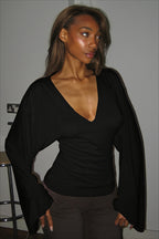 Draped V Neck Flared Sleeve Long Sleeved T-shirts