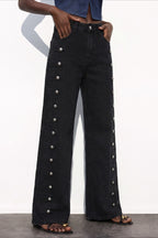 Side Snap High Waist Wide Leg Jeans