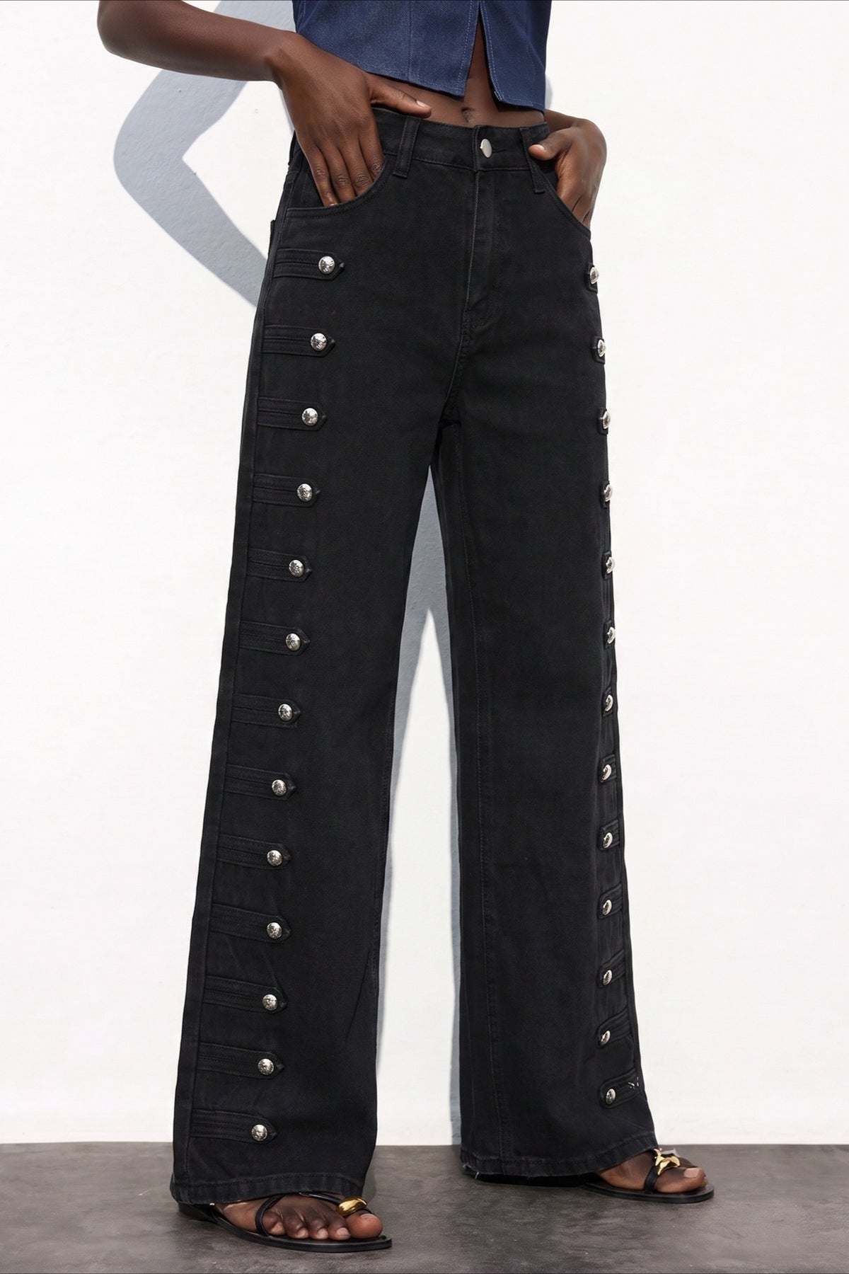 Side Snap High Waist Wide Leg Jeans