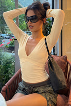 Solid V-Neck Long Sleeve Slim Fit Crop Top