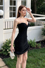 Feather Trim Glitter Corset Party Dress