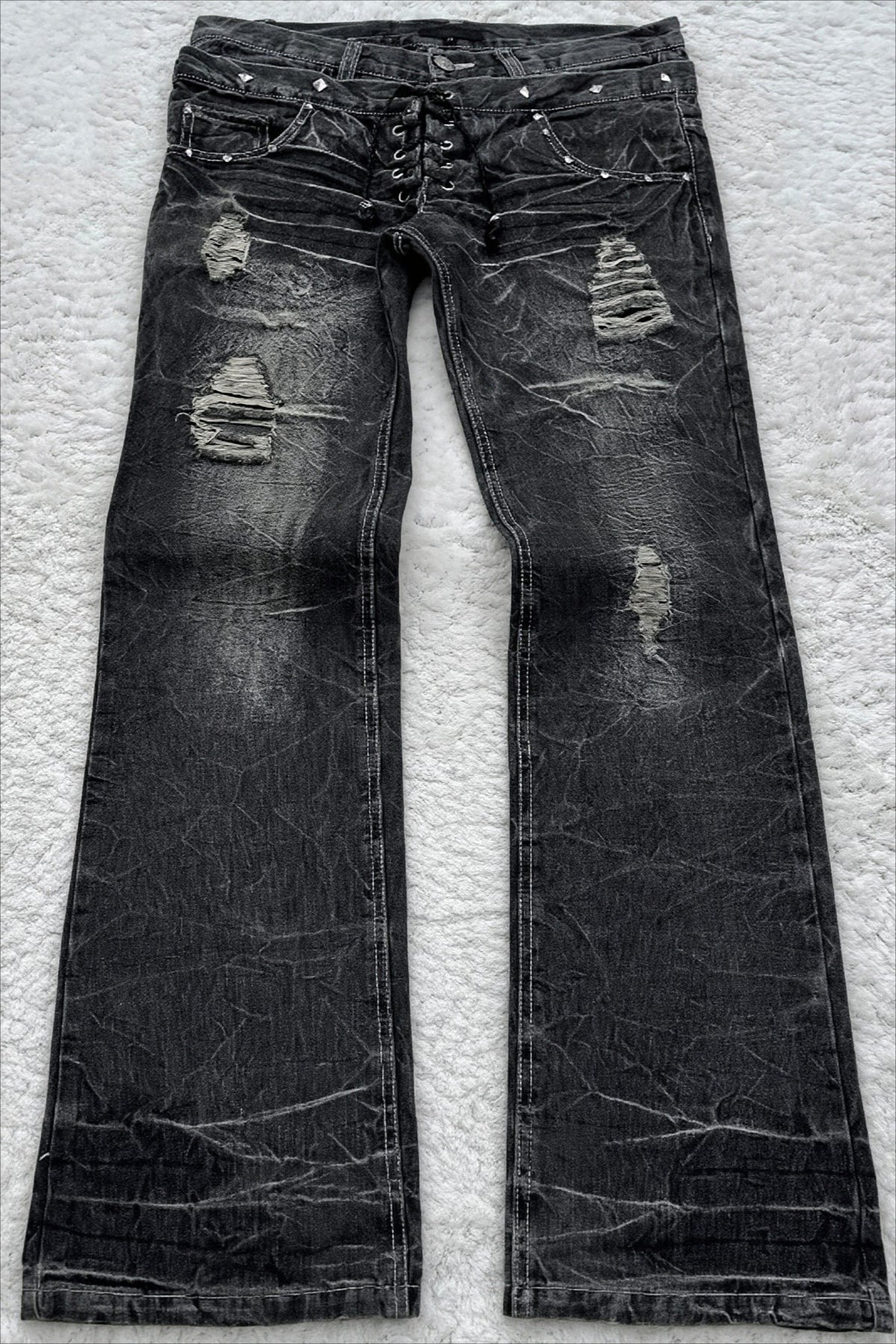 Gothic Distressed Double Waist Flare Jeans