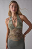 Printed Mesh Halter Backless Crop Top
