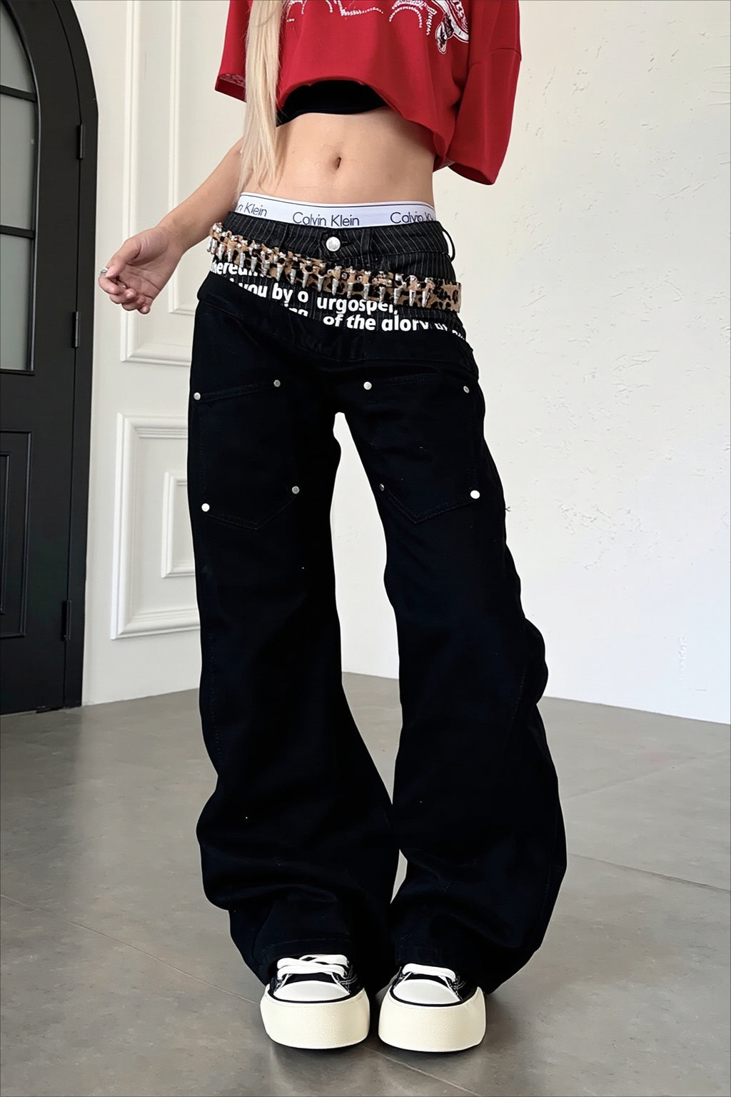 Slogan Double Waist Rivet Baggy Jeans