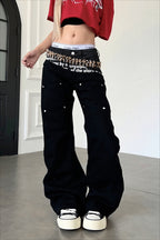 Slogan Double Waist Rivet Baggy Jeans