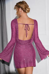 Shiny Sequin Backless Tie Long Sleeve Cocktail Dress