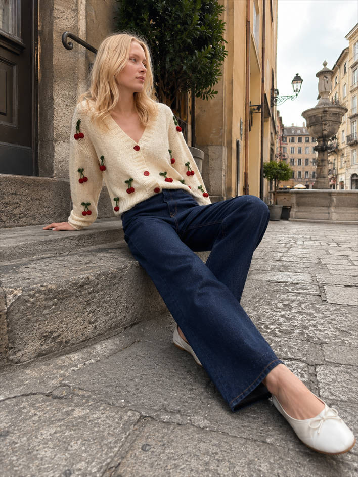 Cherry Embroidered Knit Cardigan Sweater Main image