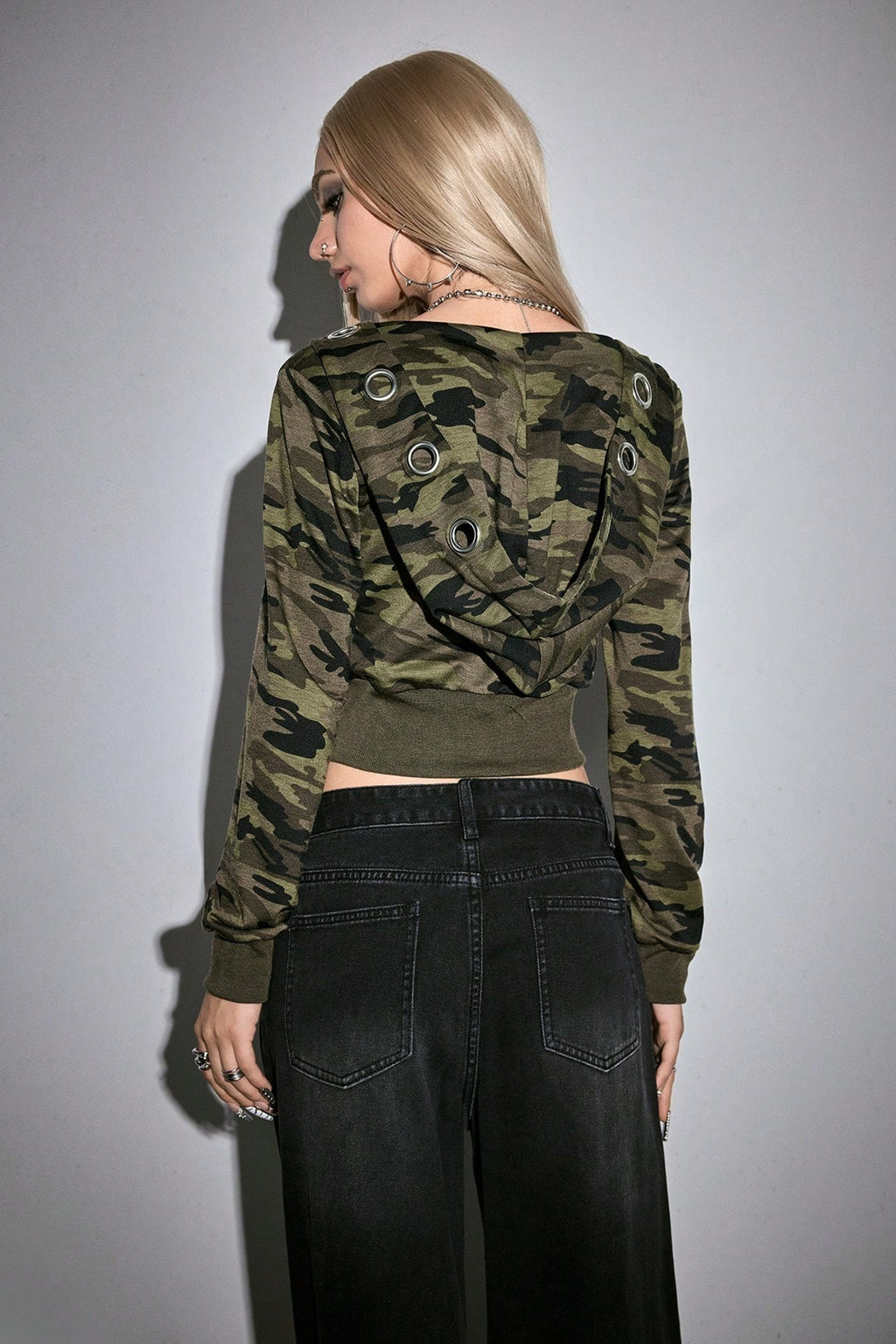 Camo Print Zip Up Ruched Cropped Hoodie
