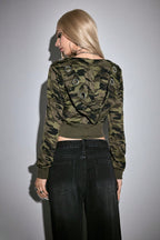 Camo Print Zip Up Ruched Cropped Hoodie