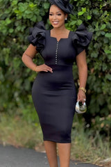 Chic Beaded Ruffled Sleeve Bodycon Cocktail Dress