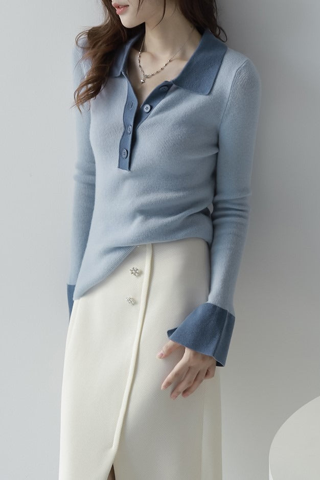 Polo Collar Contrast Cuff Knit Top Main image