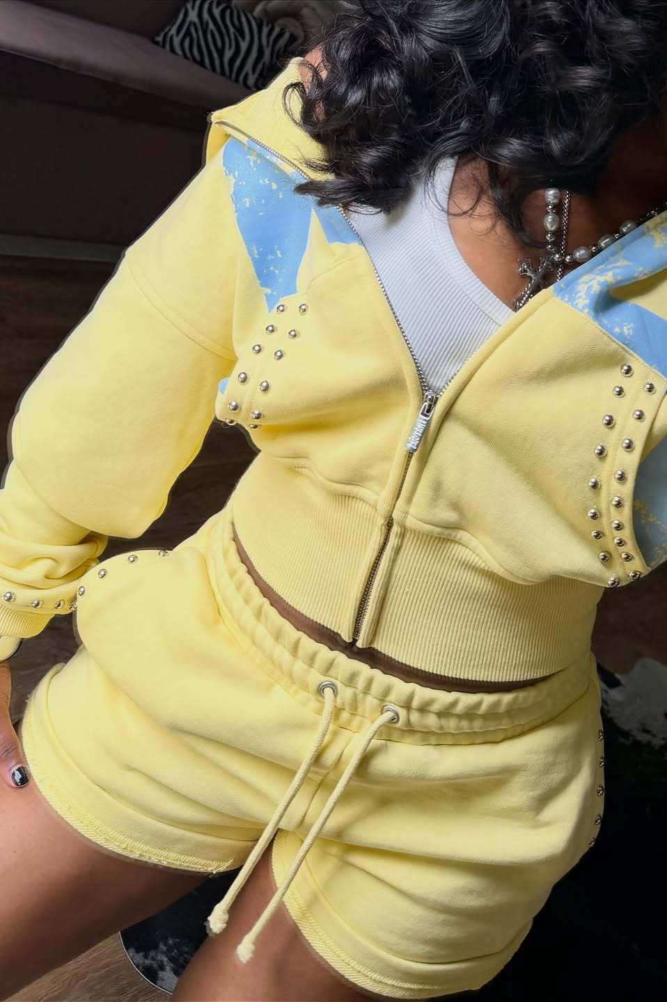 Rhinestone Graphic Cropped Hoodie and Shorts Separates
