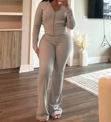 Zipper Hoodie Flare Pants Knit Set