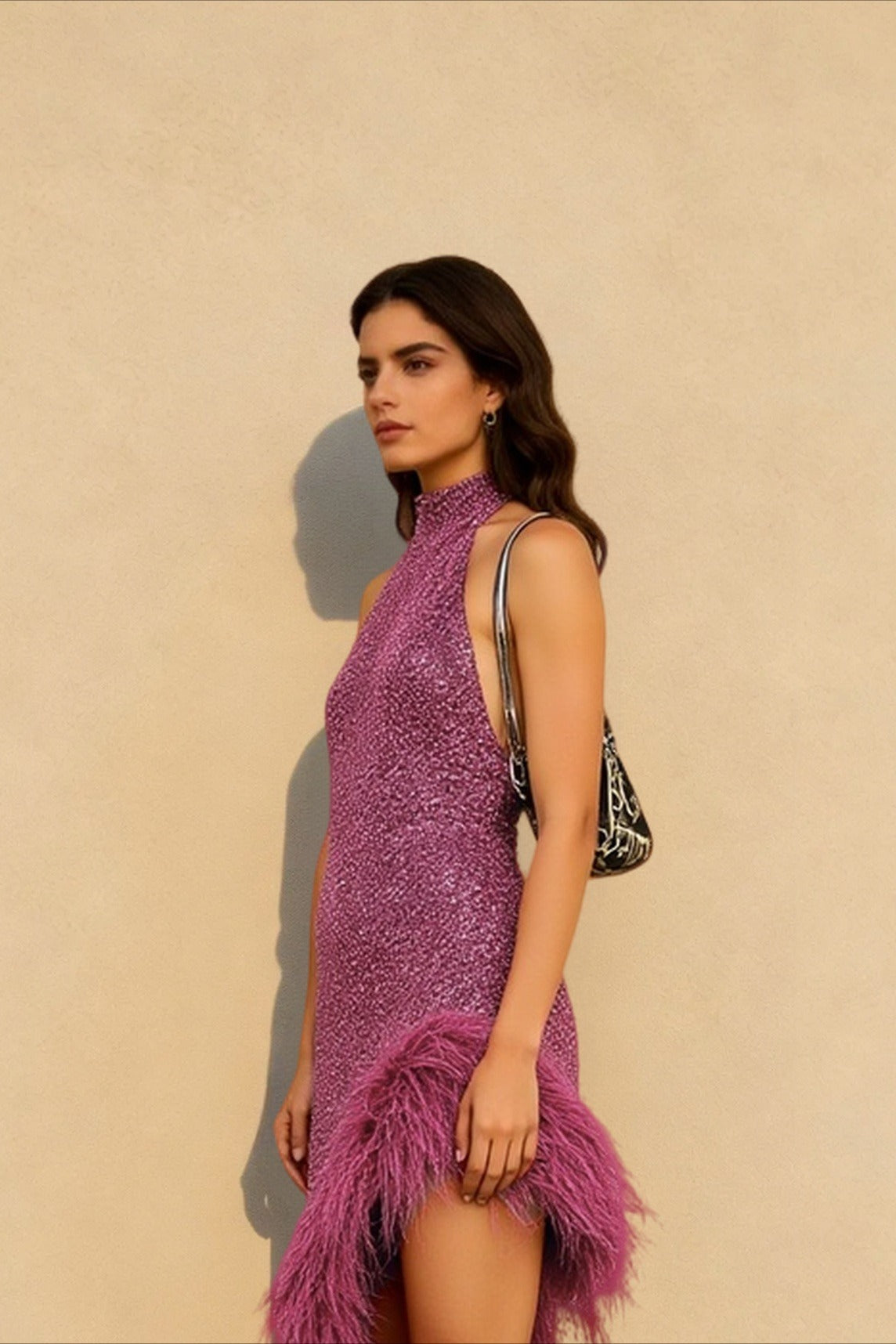 Feather Panel Halter Asymmetrical Graduation Party Dress Secondary image